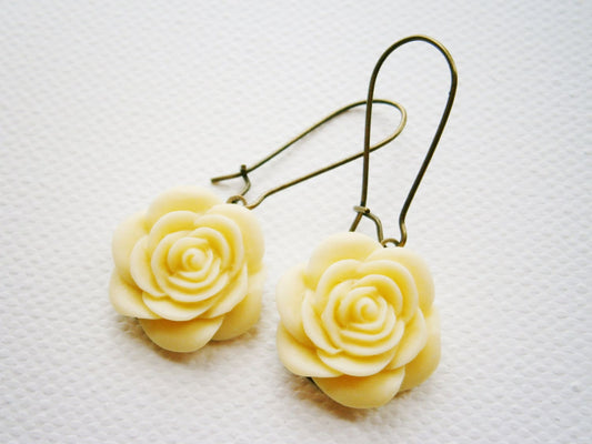 Cream Resin 19mm Rose on 24mm Antique Bronze Kidney Wire Earring Hook/Dangle Earrings