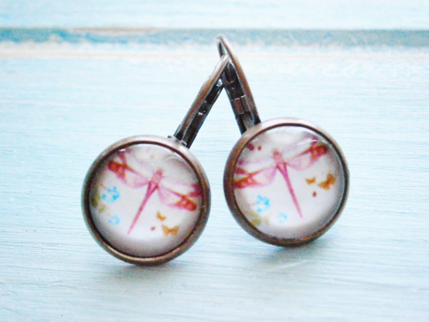 Dragonfly Earrings/Nature Earrings/Dangle Earrings/Whimsical Jewelry/Glass Dome Earrings/Tween Earrings.