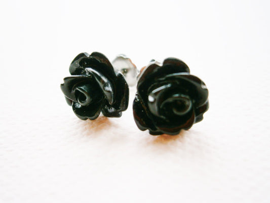 Black 10mm Resin Rose Flowers set on Stainless Steel Hypo Allergenic Earring Posts/Stud Earrings/Rose Earrings/Black Earrings