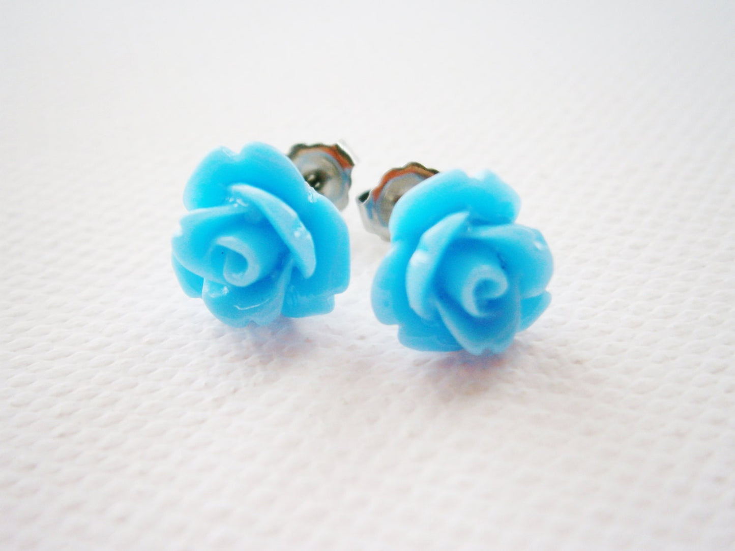 Light Blue 10MM Resin Rose Flowers set on Stainless Steel Hypo Allergenic Earring Posts/Stud Earrings/Blue Rose Earrings.