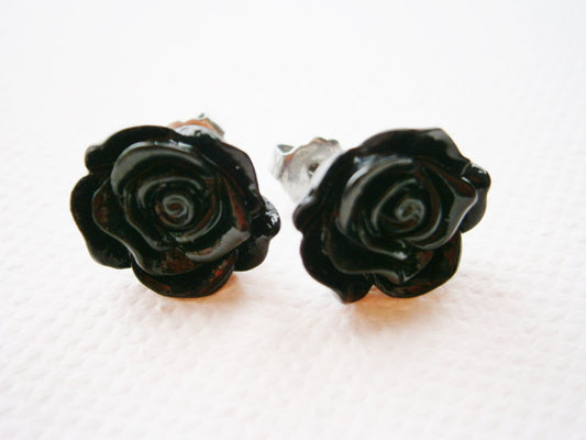 Black 13mm Resin Frilly Rose Flowers set on Stainless Steel Hypo Allergenic Earring Posts/Stud Earrings.