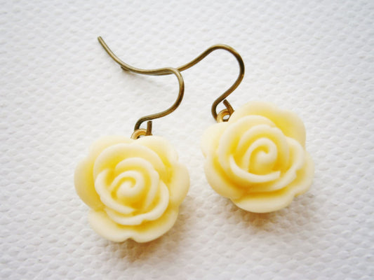 Cream 13mm Resin Rose set on Antique Brass Base and Earring Hook/Dangle Earrings/Bridesmaid Gifts