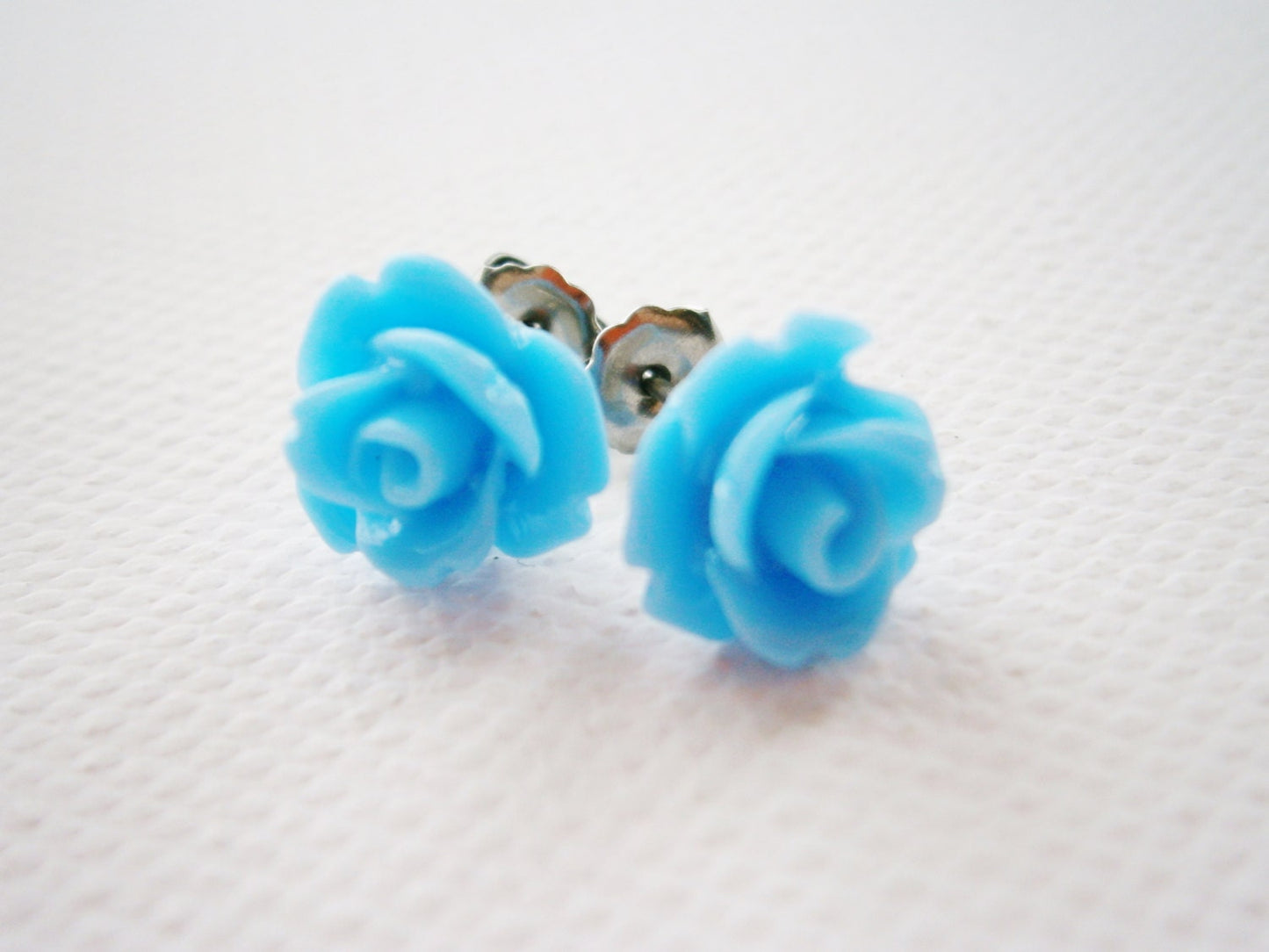 Light Blue 10MM Resin Rose Flowers set on Stainless Steel Hypo Allergenic Earring Posts/Stud Earrings/Blue Rose Earrings.