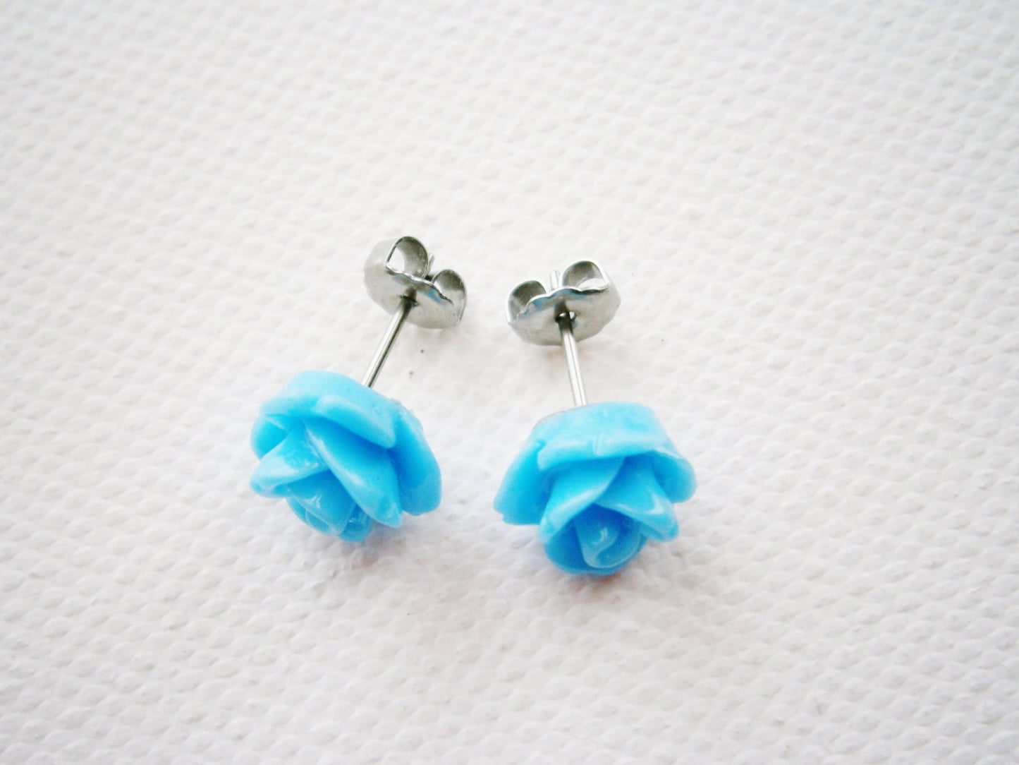 Light Blue 10MM Resin Rose Flowers set on Stainless Steel Hypo Allergenic Earring Posts/Stud Earrings/Blue Rose Earrings.