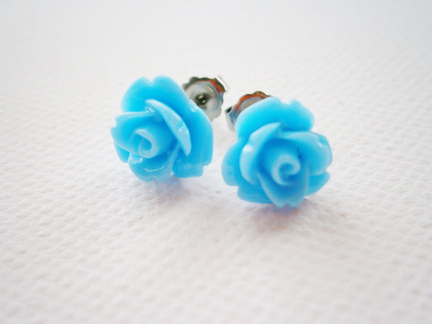 Light Blue 10MM Resin Rose Flowers set on Stainless Steel Hypo Allergenic Earring Posts/Stud Earrings/Blue Rose Earrings.