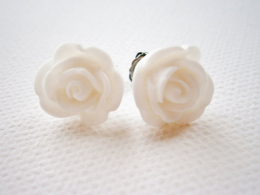 White 13mm Resin Rose Flowers set on Stainless Steel Hypo Allergenic Earring Posts/Stud Earrings.