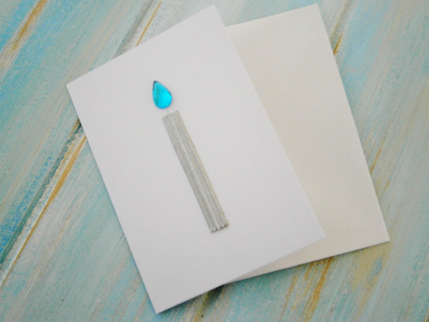 Small Hand Made Gift Card For Any Special Occasion/White Card with 1 Silver Candle with Rhinestone/Gem Flame.