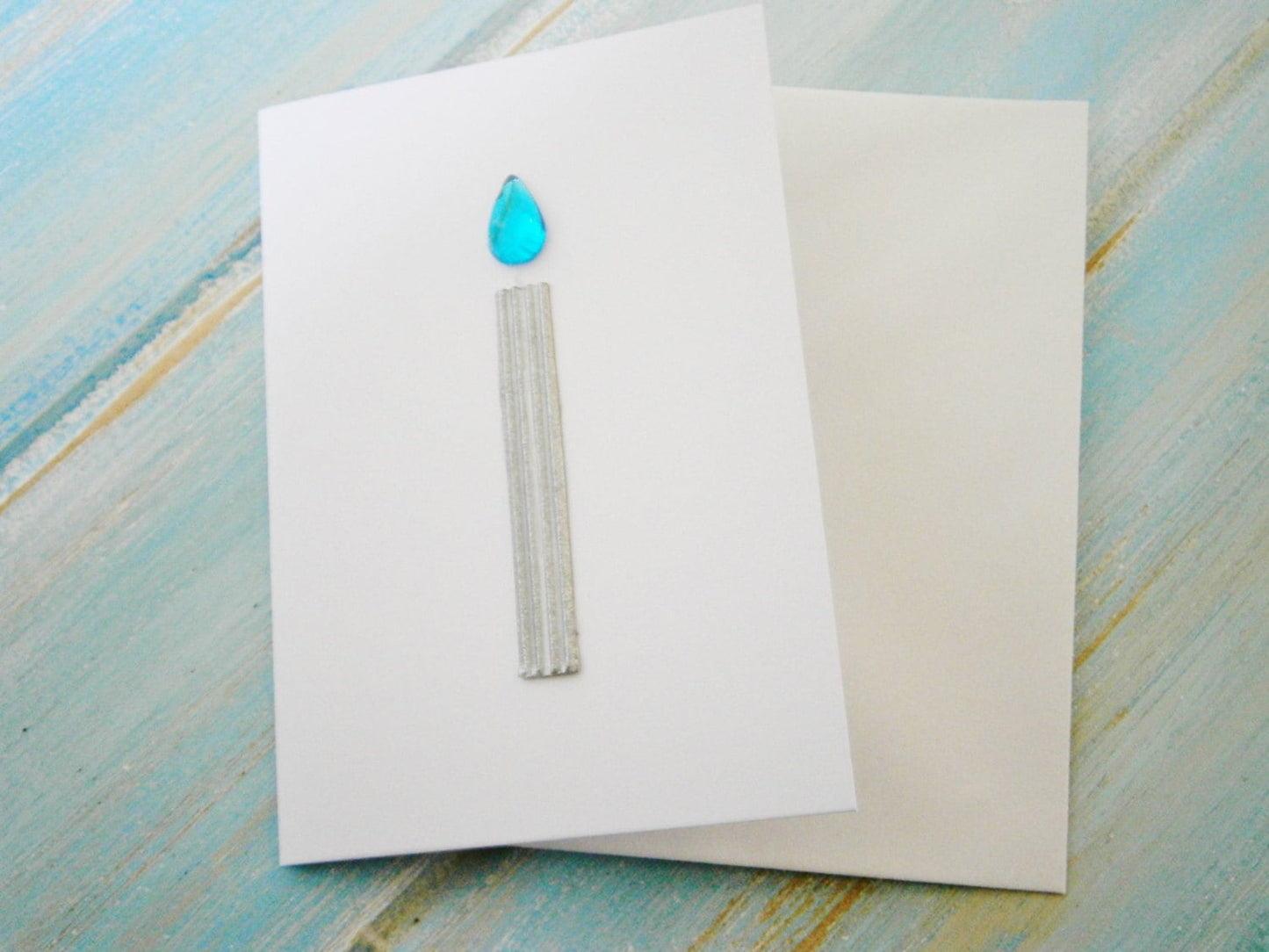 Small Hand Made Gift Card For Any Special Occasion/White Card with 1 Silver Candle with Rhinestone/Gem Flame.