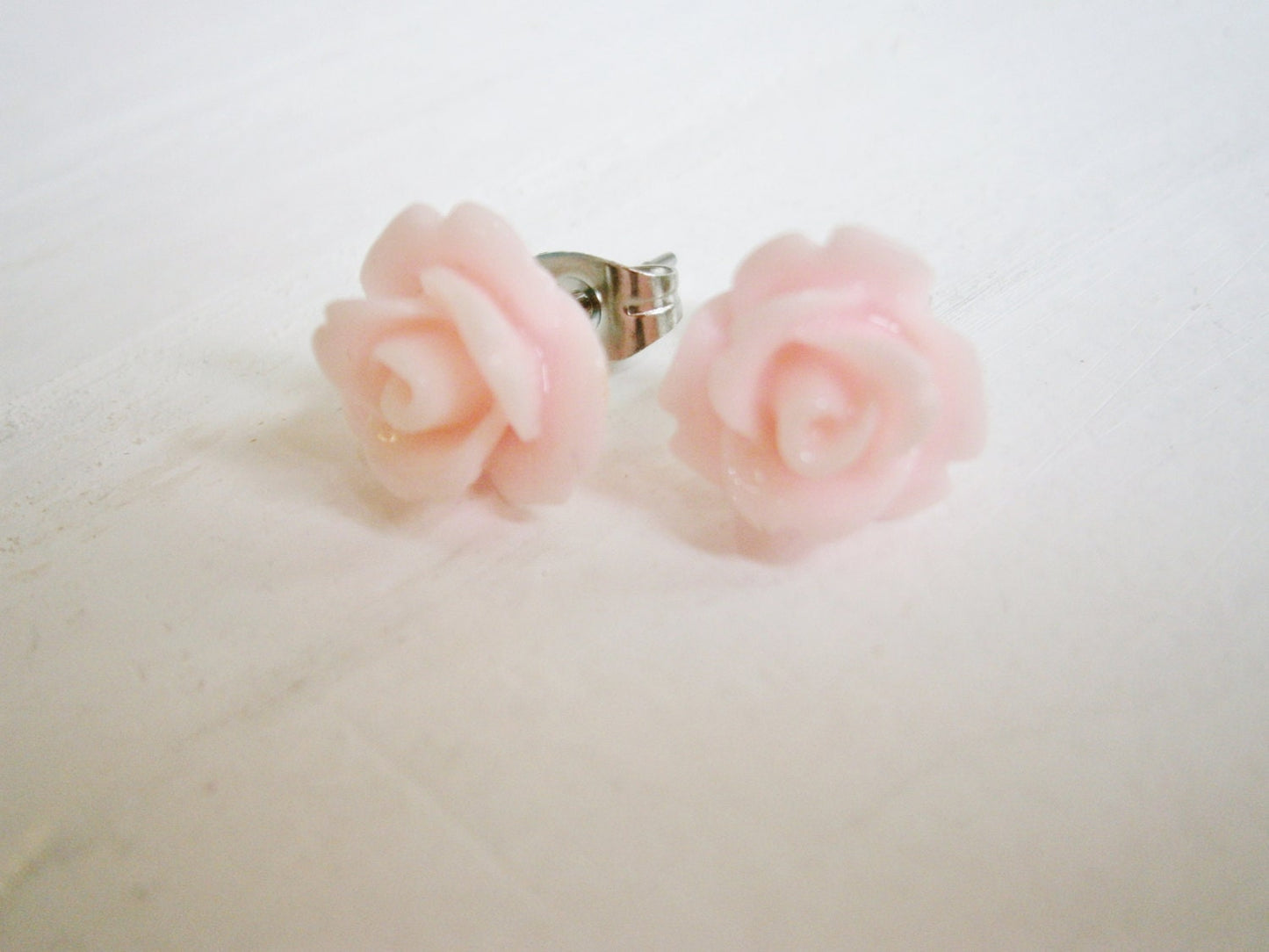 Pale Pink 10mm Resin Rose set on Stainless Steel Earring Posts/Stud Earrings/Pink Rose Earrings/Flower Earrings/Floral Jewelry/Boho Earrings