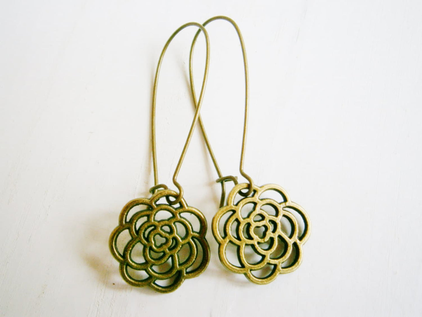 Antique Bronze Filigree Flower On Long Antique Bronze Kidney Wire Earring Hooks/Dangle Earrings/Boho Earrings.