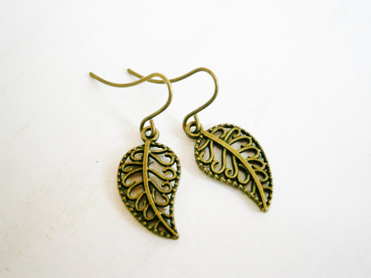 Antique Bronze Filigree Leaf Charm On Antique Bronze French Earring Hooks/Dangle Earrings/Nature Earrings/Boho Earrings/Filigree Earrings.