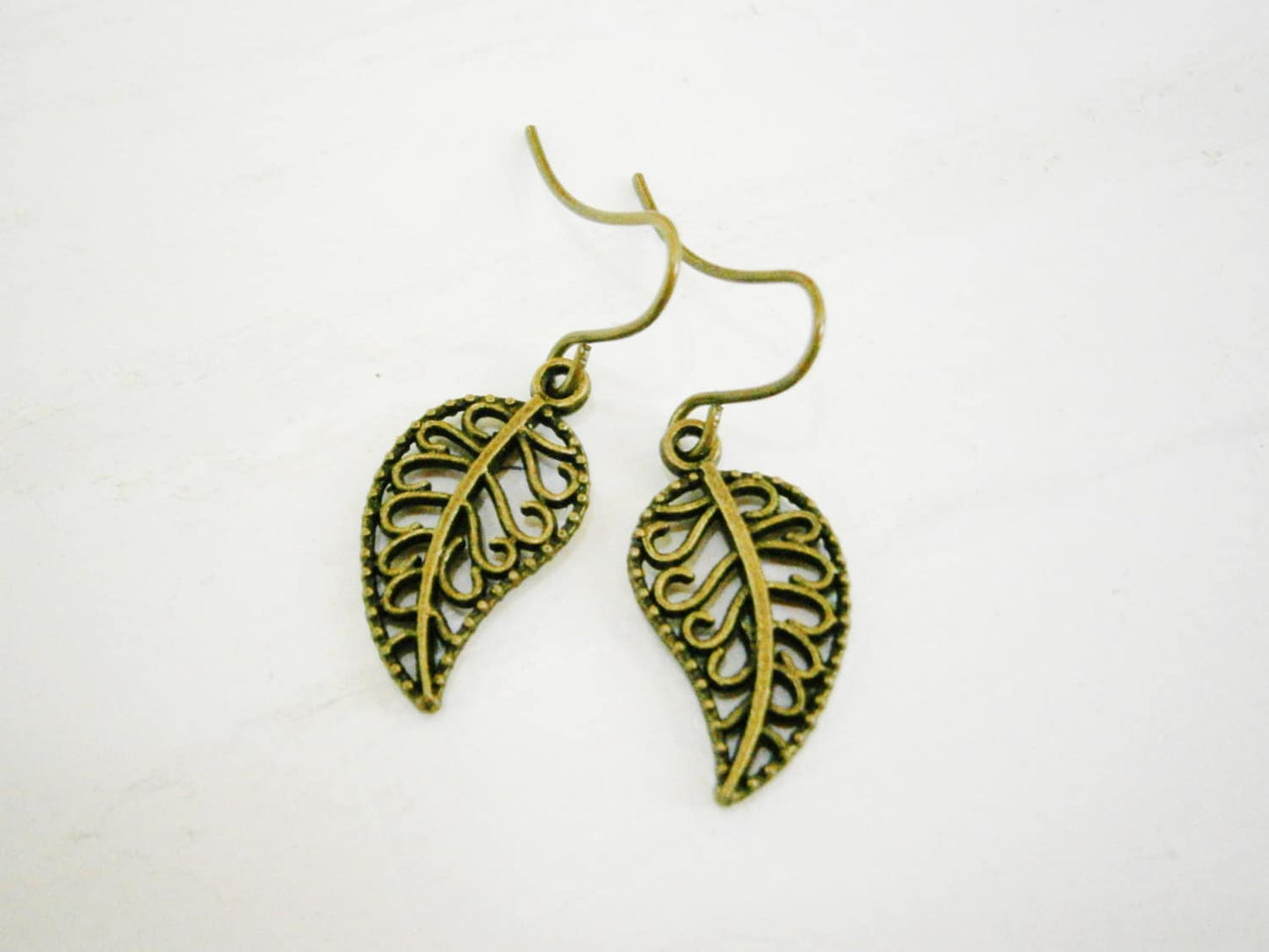 Antique Bronze Filigree Leaf Charm On Antique Bronze French Earring Hooks/Dangle Earrings/Nature Earrings/Boho Earrings/Filigree Earrings.