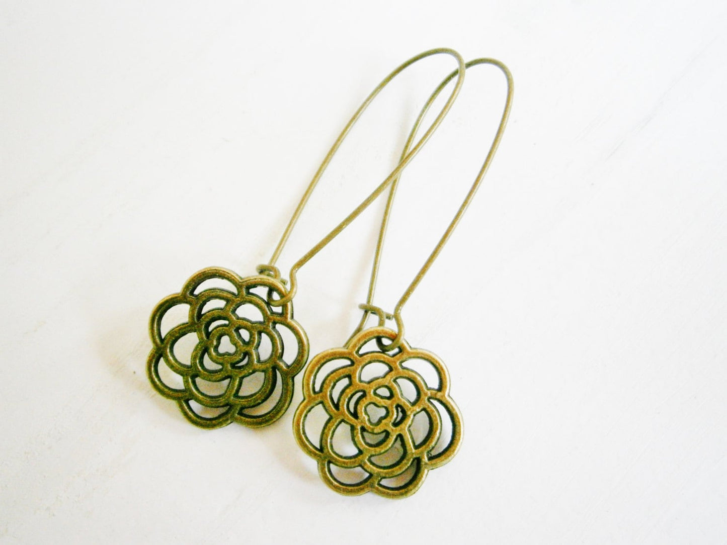 Antique Bronze Filigree Flower On Long Antique Bronze Kidney Wire Earring Hooks/Dangle Earrings/Boho Earrings.