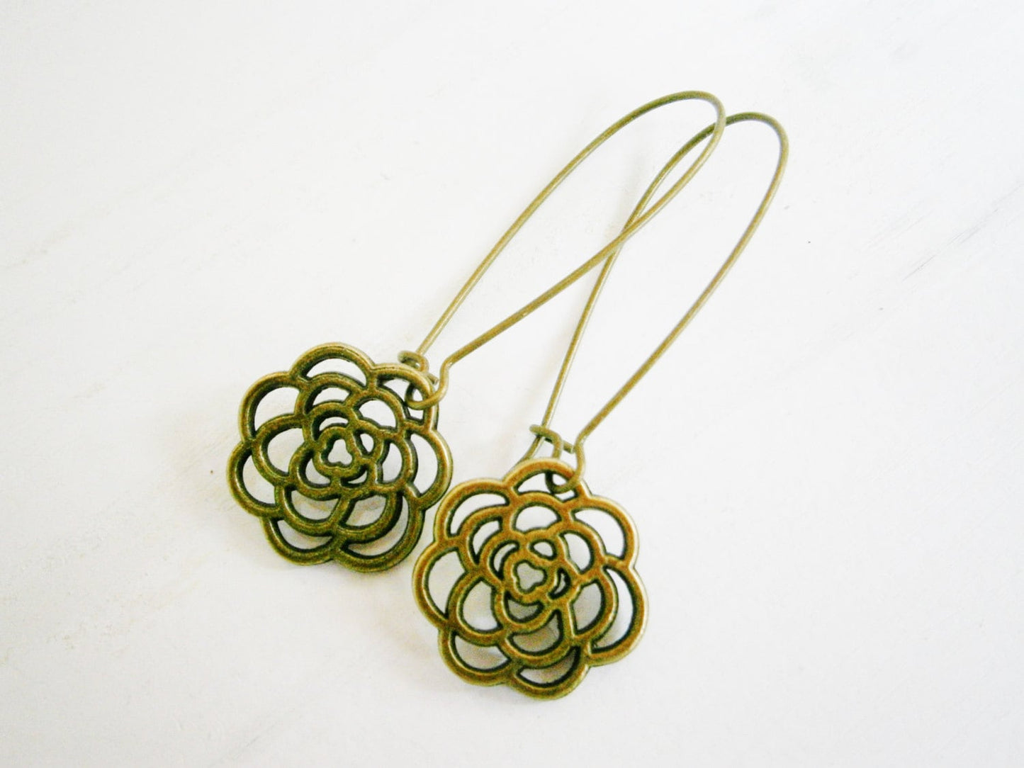 Antique Bronze Filigree Flower On Long Antique Bronze Kidney Wire Earring Hooks/Dangle Earrings/Boho Earrings.