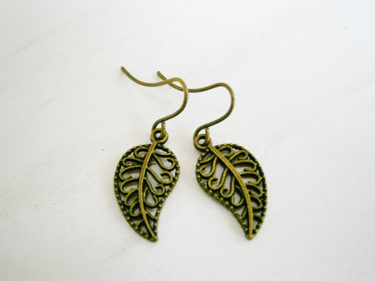 Antique Bronze Filigree Leaf Charm On Antique Bronze French Earring Hooks/Dangle Earrings/Nature Earrings/Boho Earrings/Filigree Earrings.