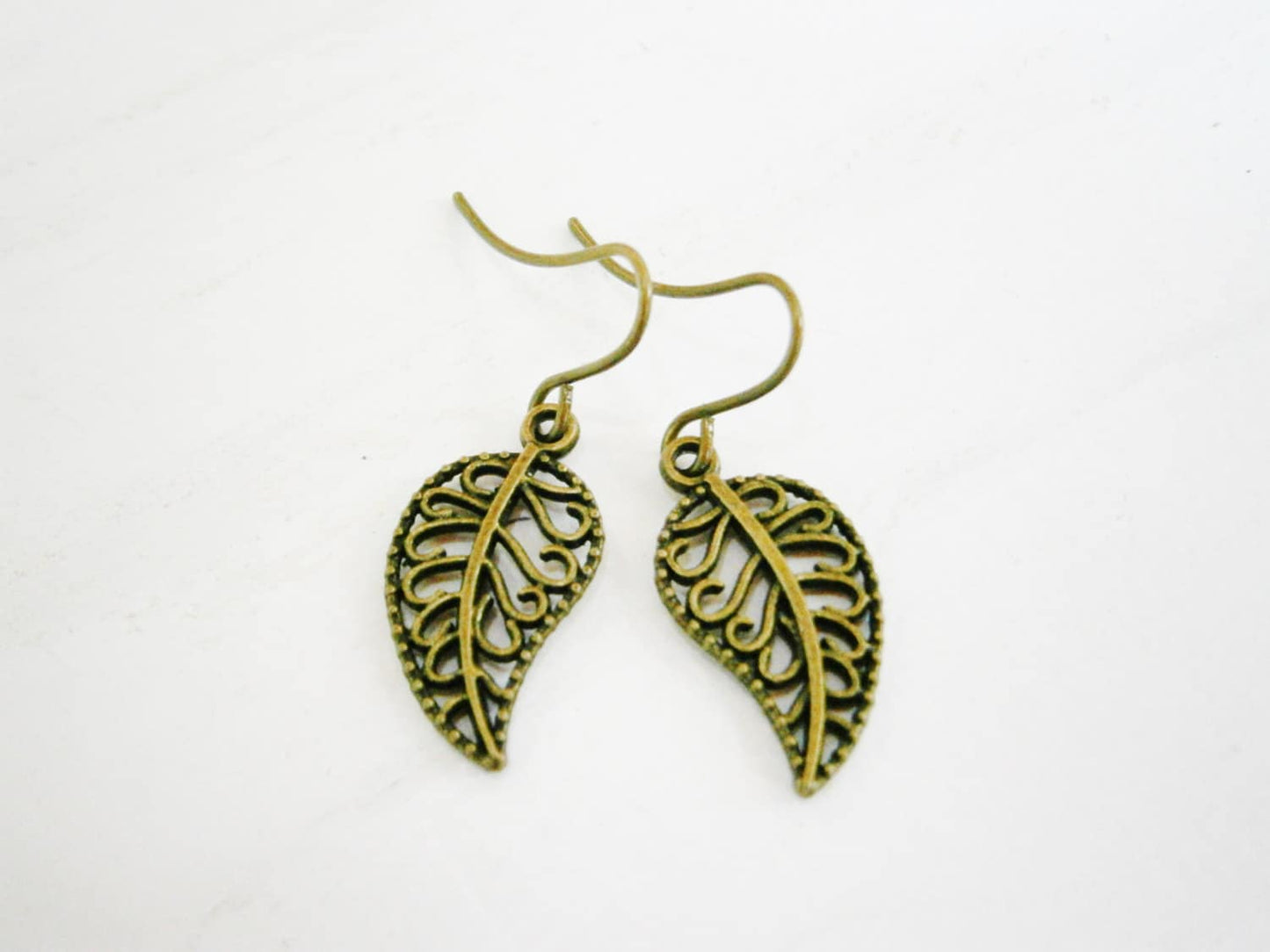 Antique Bronze Filigree Leaf Charm On Antique Bronze French Earring Hooks/Dangle Earrings/Nature Earrings/Boho Earrings/Filigree Earrings.