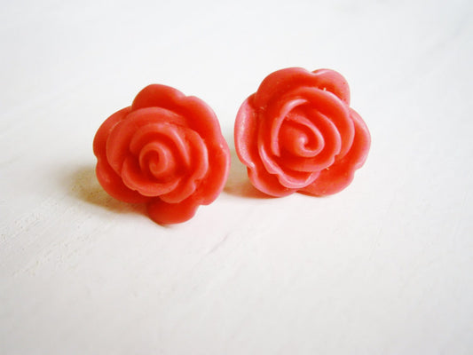 Dark Pink 13mm Resin Rose Flowers set on Stainless Steel Hypo Allergenic Earring Posts/Stud Earrings.