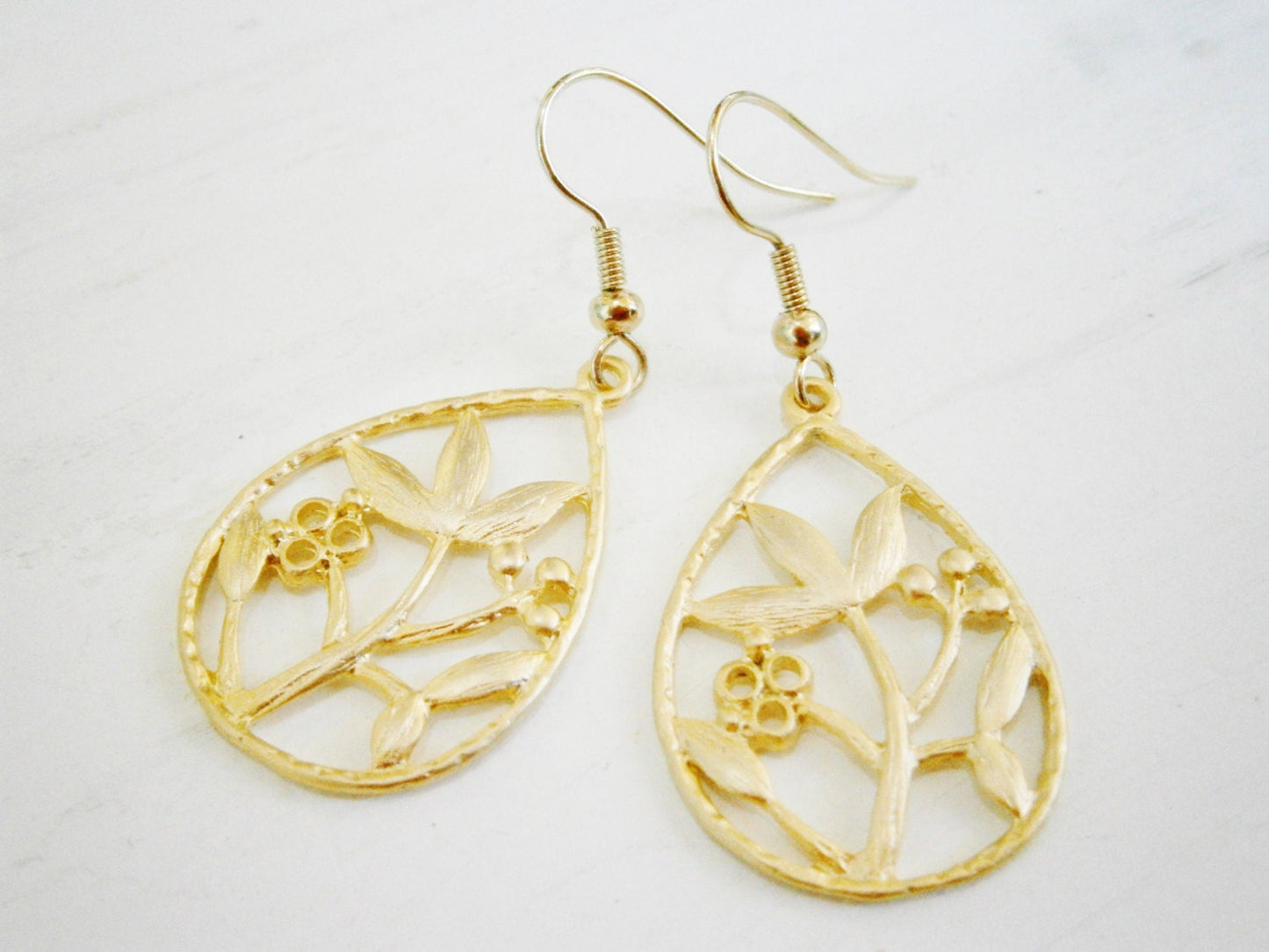 Matt Gold Plated Filigree Floral Tear Drop Pendant on 14K Gold Plated Spring Ball French Earring Hooks/Dangle Earrings