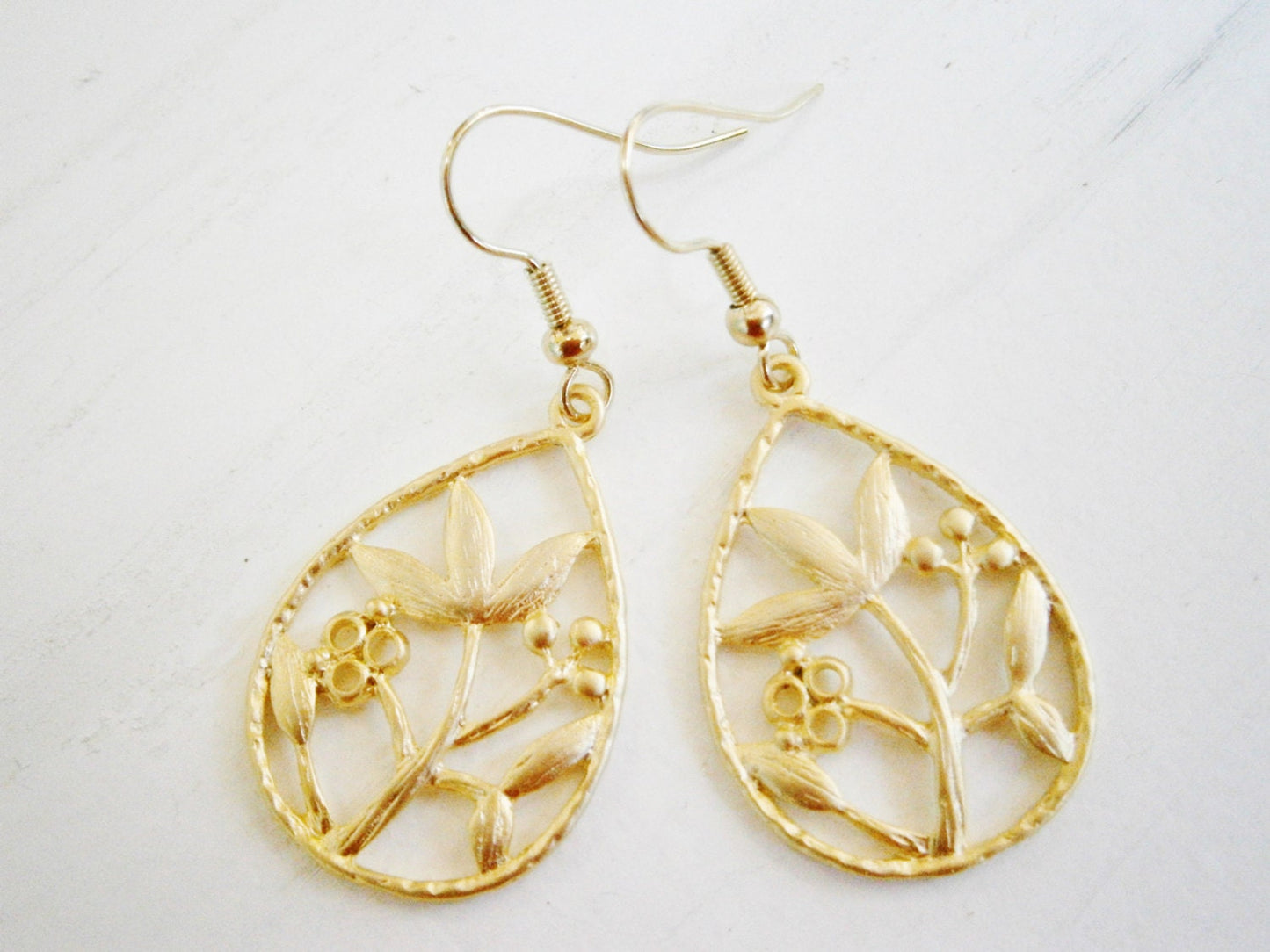 Matt Gold Plated Filigree Floral Tear Drop Pendant on 14K Gold Plated Spring Ball French Earring Hooks/Dangle Earrings