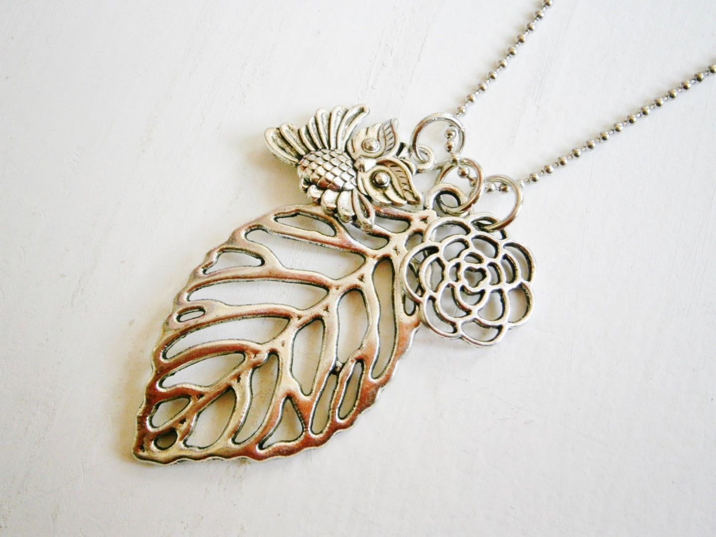 Antique Silver Filigree Leaf Necklace with Filigree Flower and Small Owl Charms/Boho Necklace/Woodland Necklace/Owl Necklace.