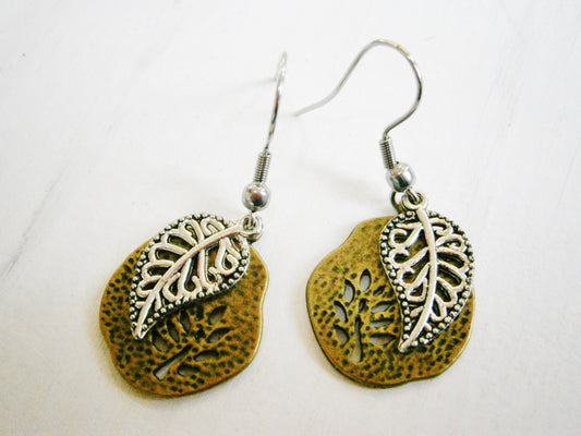 Antique Bronze Filigree Tree Fossil Charm/Antique Silver Filigree Leaf Charm On Stainless Steel Earring Hooks/Dangle Earrings/Boho Jewelry.