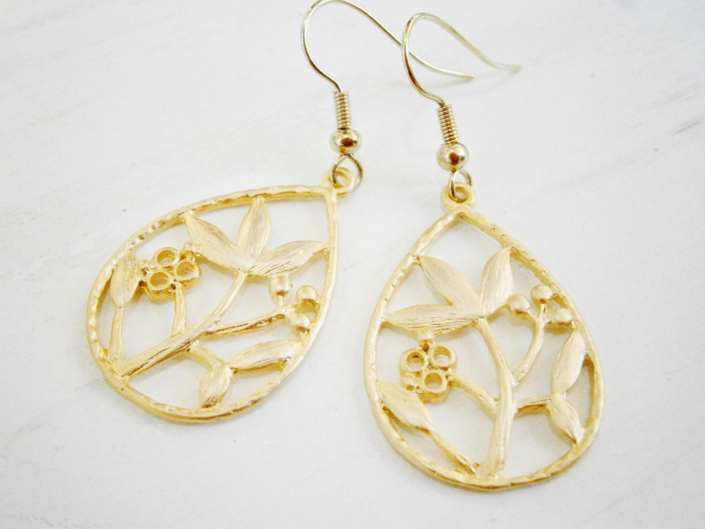 Matt Gold Plated Filigree Floral Tear Drop Pendant on 14K Gold Plated Spring Ball French Earring Hooks/Dangle Earrings