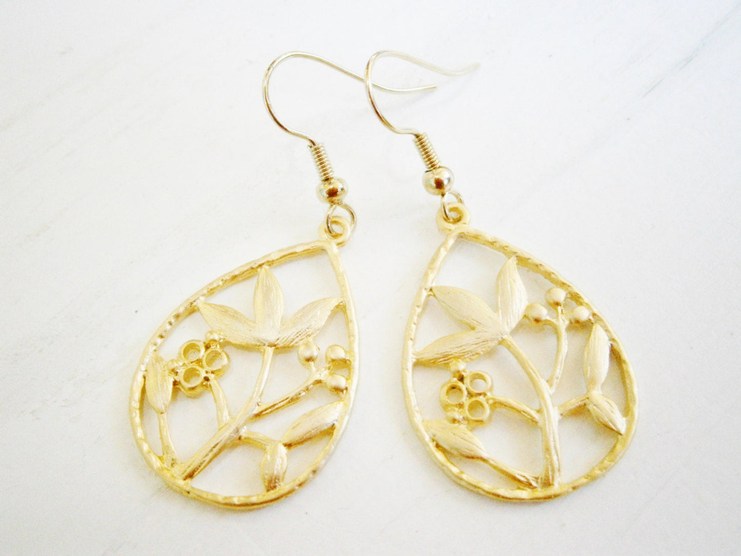 Matt Gold Plated Filigree Floral Tear Drop Pendant on 14K Gold Plated Spring Ball French Earring Hooks/Dangle Earrings