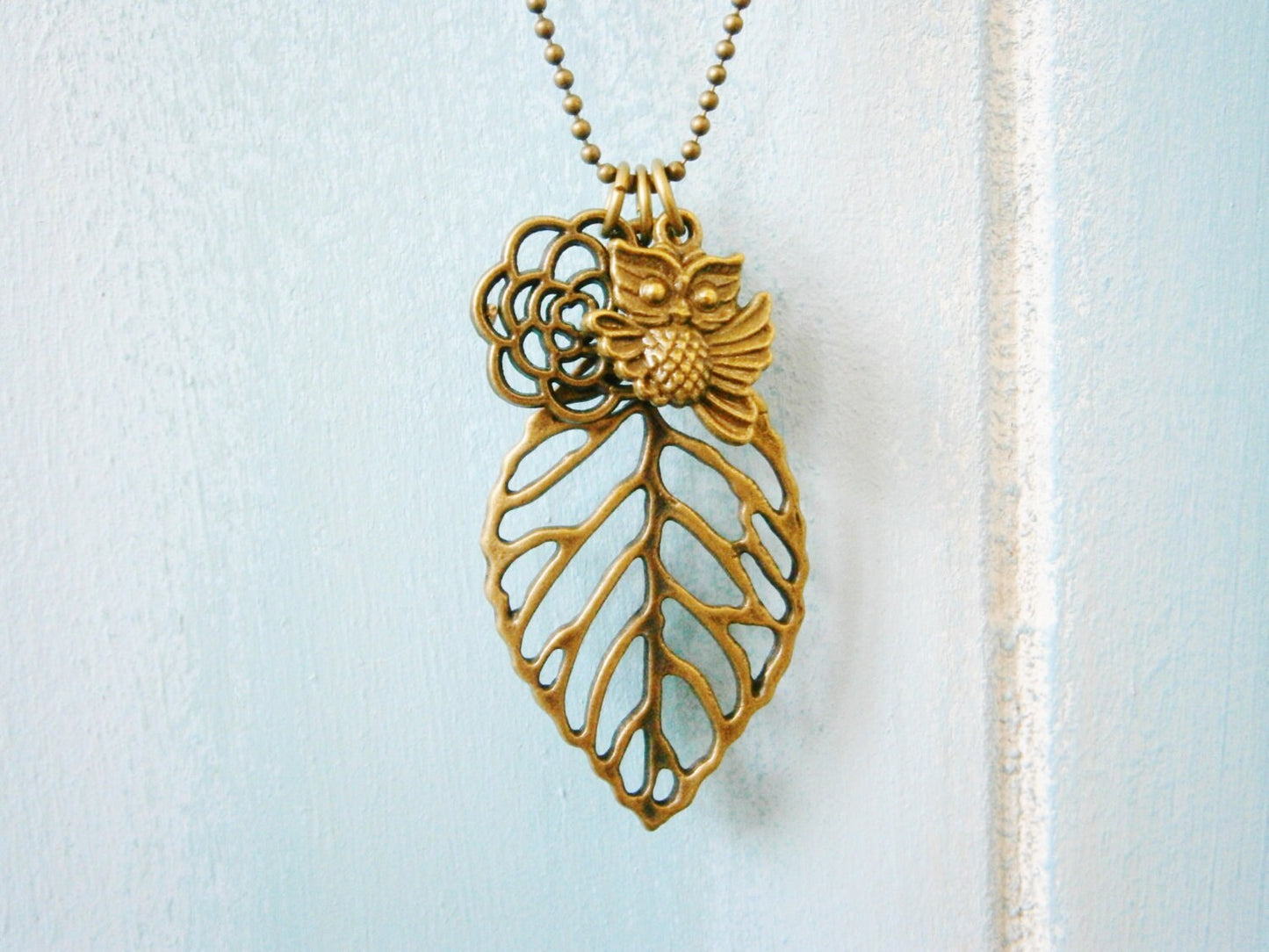 Antique Bronze Filigree Leaf Necklace with Filigree Flower and Small Owl Charms/Boho Necklace.