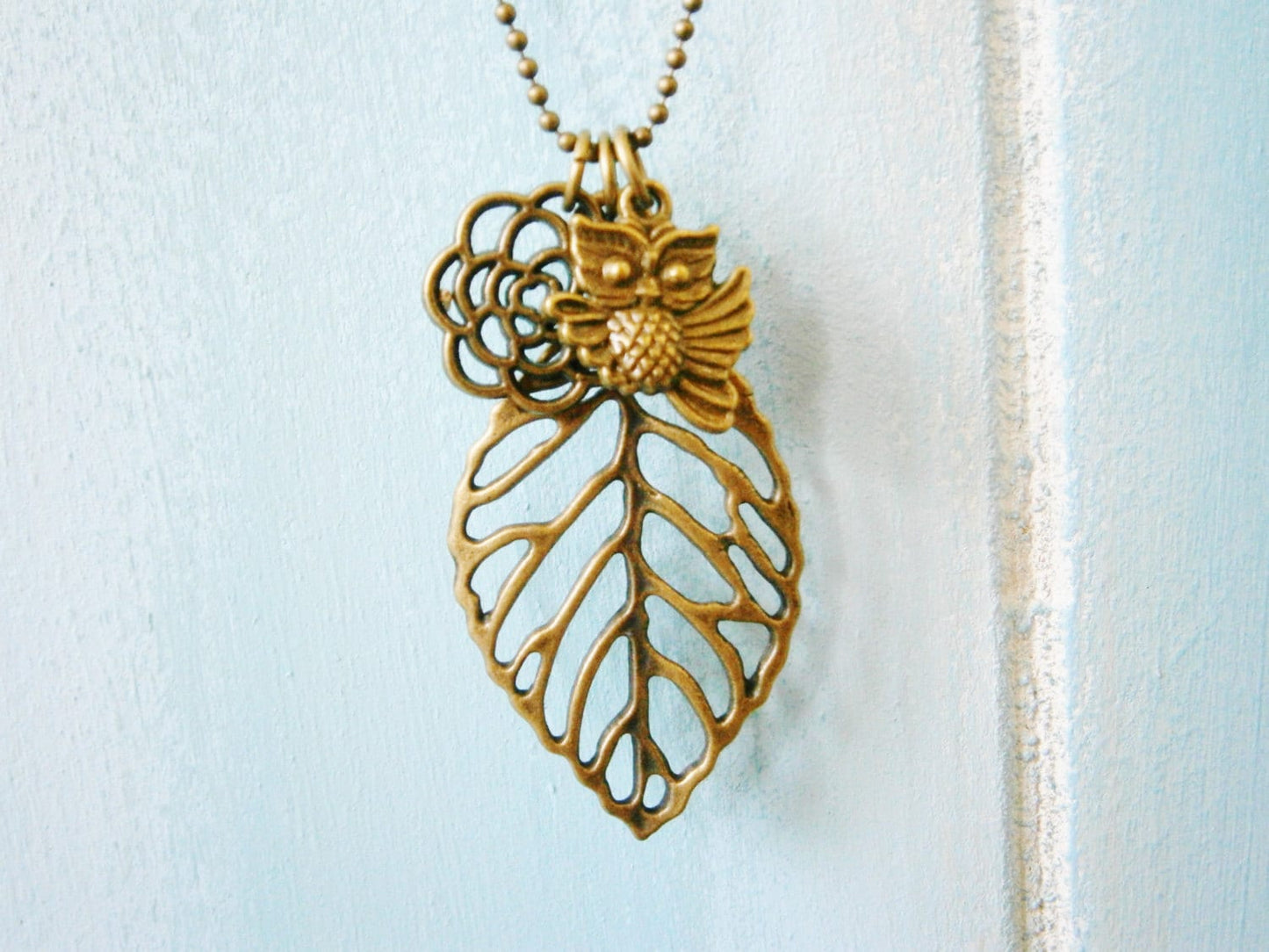 Antique Bronze Filigree Leaf Necklace with Filigree Flower and Small Owl Charms/Boho Necklace.