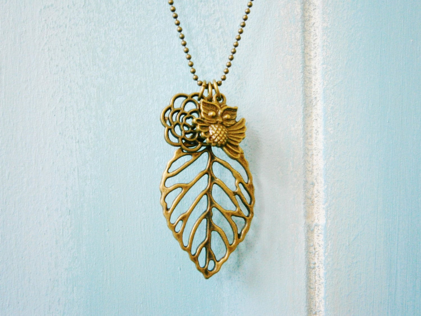 Antique Bronze Filigree Leaf Necklace with Filigree Flower and Small Owl Charms/Boho Necklace.