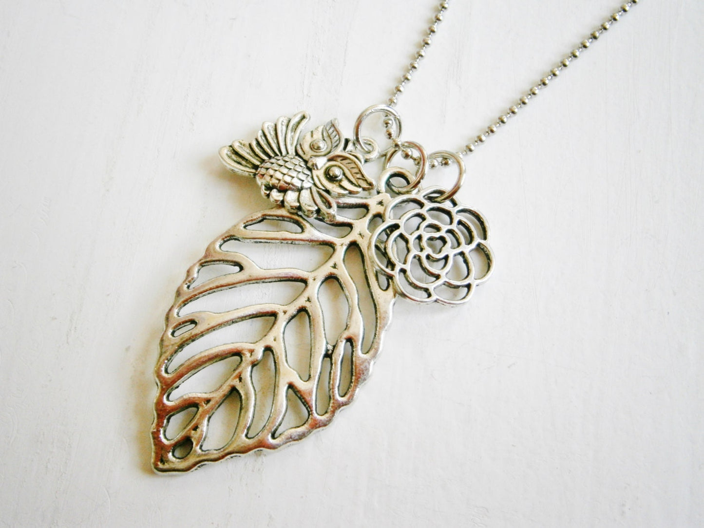 Antique Silver Filigree Leaf Necklace with Filigree Flower and Small Owl Charms/Boho Necklace/Woodland Necklace/Owl Necklace.