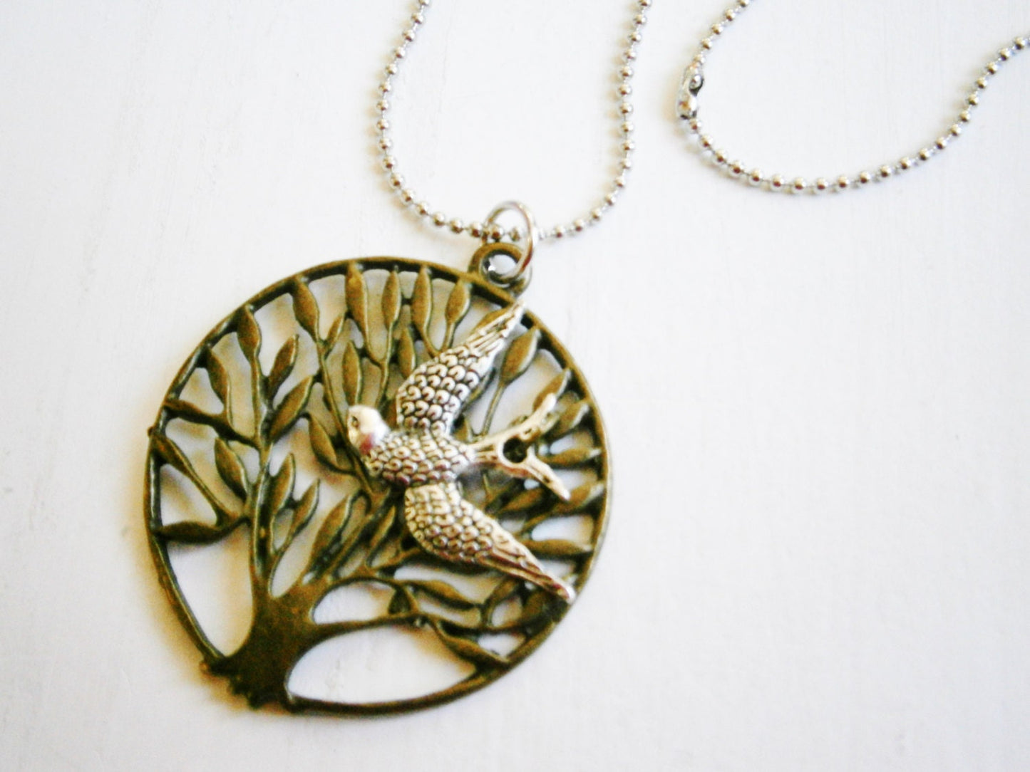 Antique Bronze Filigree Tree of Life Necklace with Antique Silver Swallow Bird Charm on Antique Silver Ball Chain/Woodland Necklace/Nature.