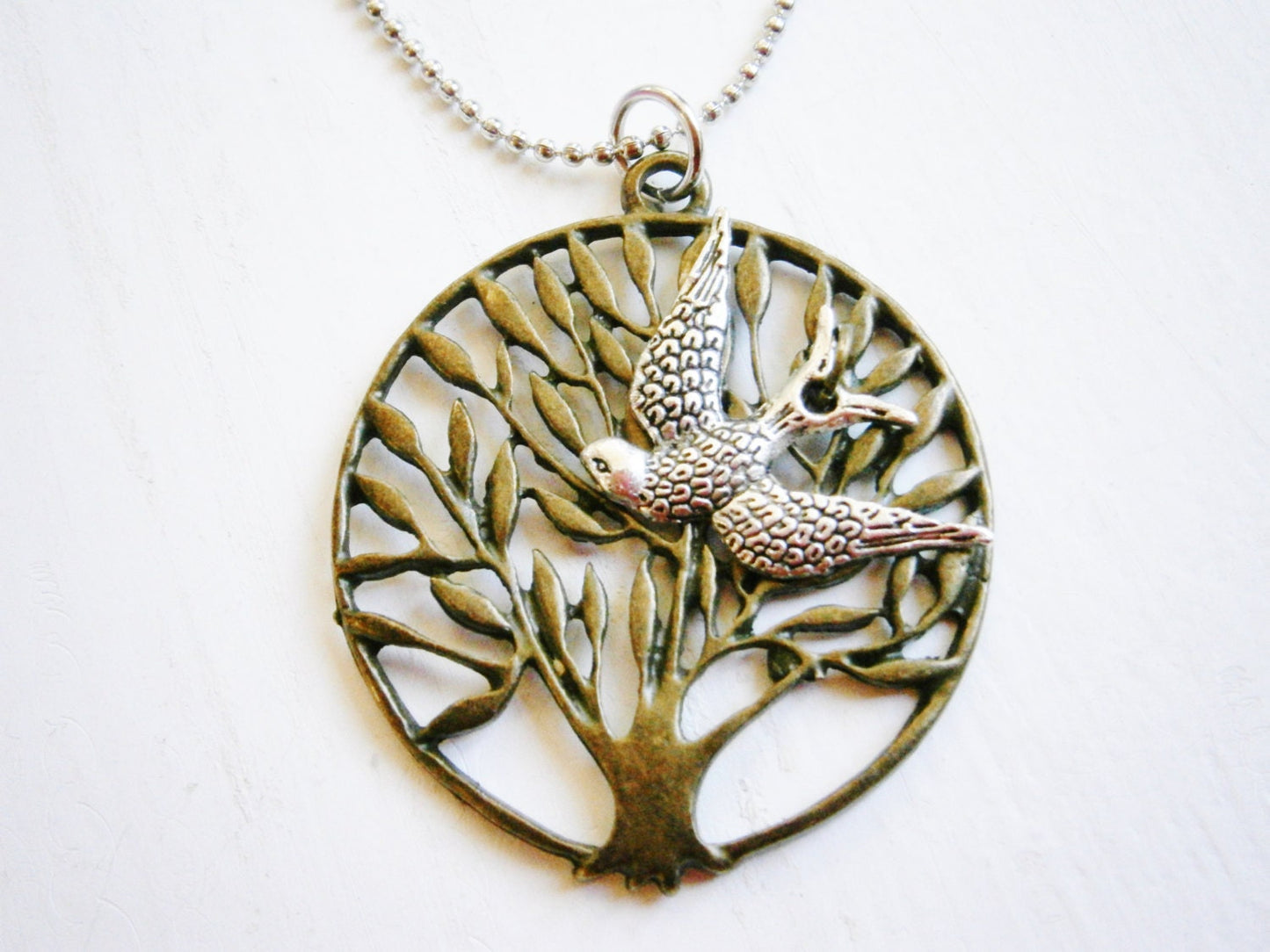 Antique Bronze Filigree Tree of Life Necklace with Antique Silver Swallow Bird Charm on Antique Silver Ball Chain/Woodland Necklace/Nature.