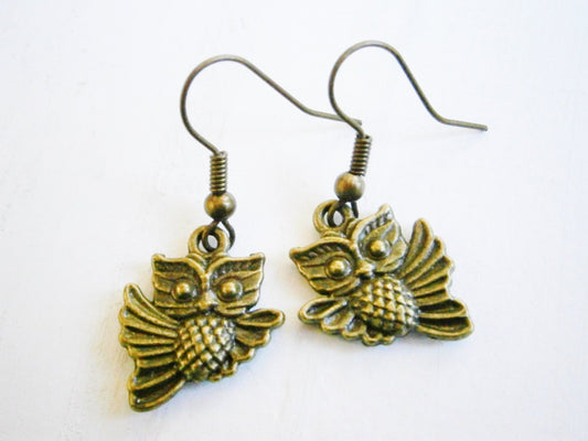 Antique Bronze Owl On Antique Bronze Earring Hooks/Dangle Earrings/Boho Jewelry/Woodland Jewelry/Nature Inspired