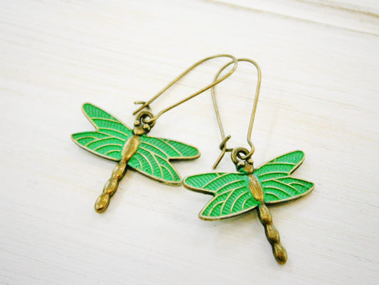 Antique Bronze Dragonfly with Emerald Patina Wings On Antique Bronze Kidney Wire Hooks/Dangle Earrings/Boho Jewelry/Woodland Jewelry