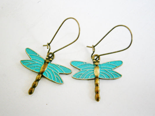 Antique Bronze Dragonfly with Verdigris/Aqua Patina Wings On Antique Bronze Kidney Wire Hooks/Dangle Earrings/Boho Jewelry/Woodland Jewelry