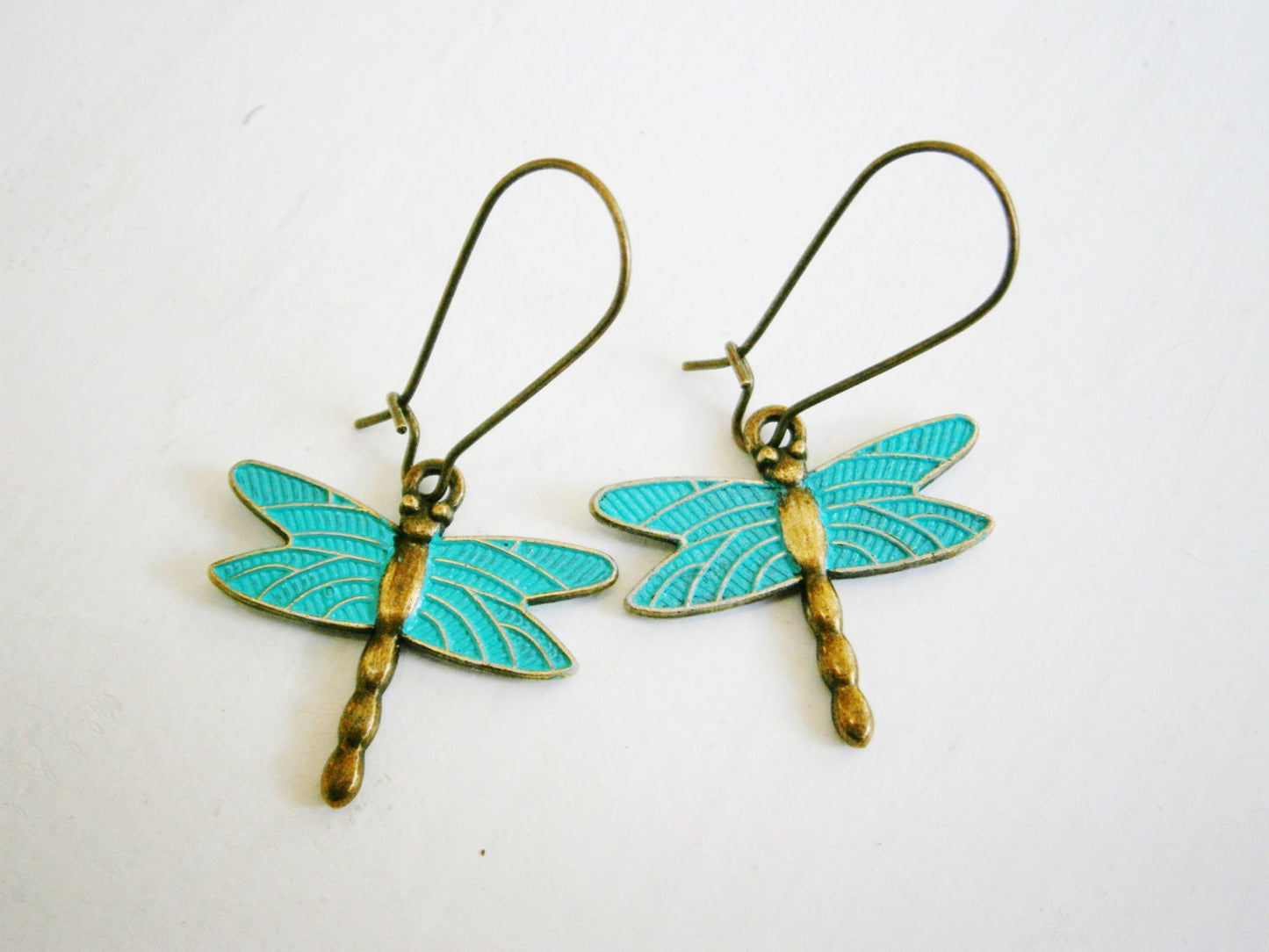 Antique Bronze Dragonfly with Verdigris/Aqua Patina Wings On Antique Bronze Kidney Wire Hooks/Dangle Earrings/Boho Jewelry/Woodland Jewelry