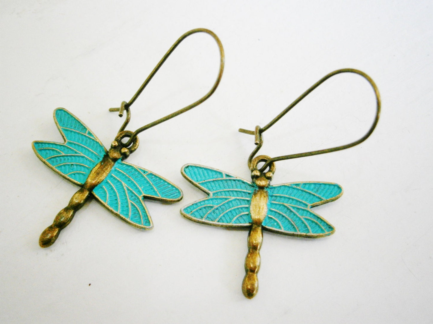 Antique Bronze Dragonfly with Verdigris/Aqua Patina Wings On Antique Bronze Kidney Wire Hooks/Dangle Earrings/Boho Jewelry/Woodland Jewelry