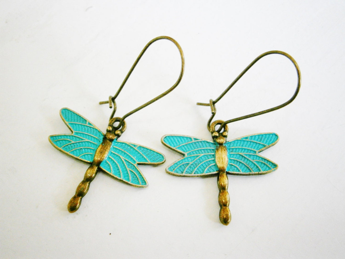 Antique Bronze Dragonfly with Verdigris/Aqua Patina Wings On Antique Bronze Kidney Wire Hooks/Dangle Earrings/Boho Jewelry/Woodland Jewelry