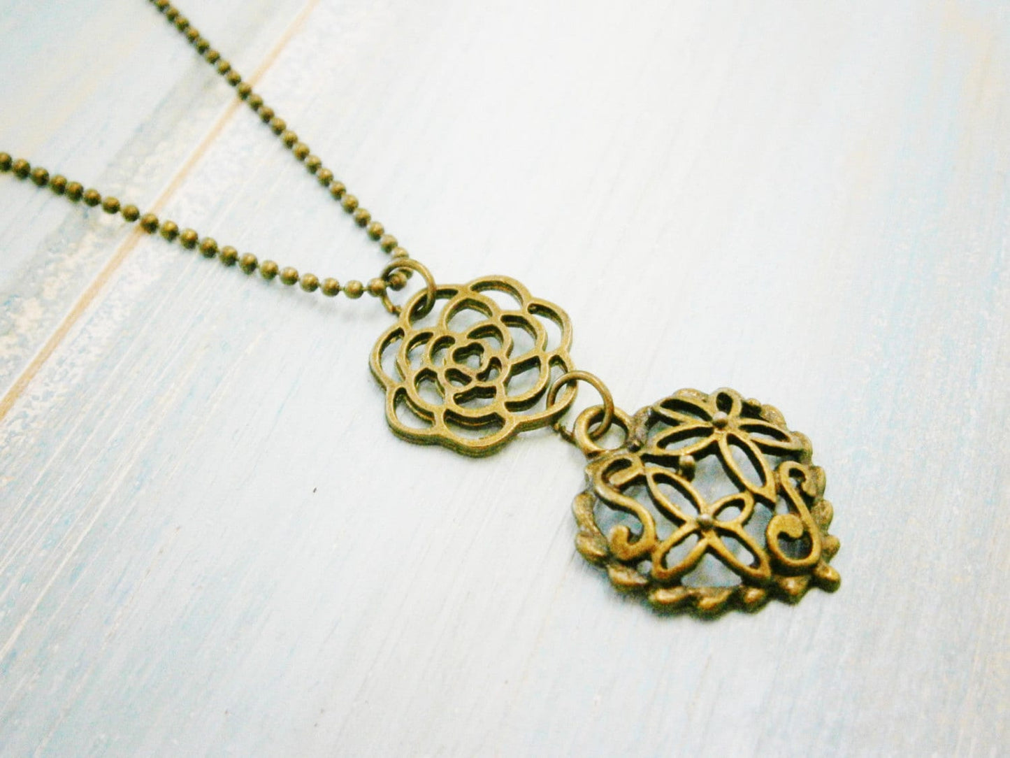 Antique Bronze Necklace with Filigree Flower and Heart//Antique Bronze Filigree Necklace/Boho Necklace