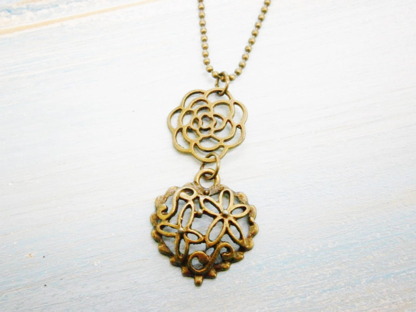 Antique Bronze Necklace with Filigree Flower and Heart//Antique Bronze Filigree Necklace/Boho Necklace