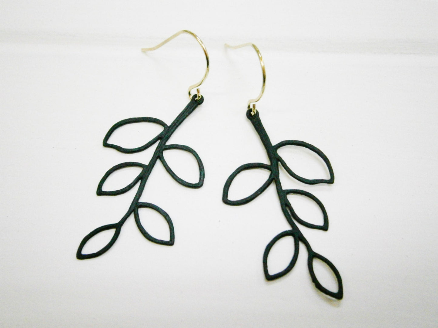 Matt Black Plated 5 Leaf Twig Charm 19 x 40mm On Gold Plated French Earring Hooks/Dangle Earrings/Nature Earrings/Tree Earrings