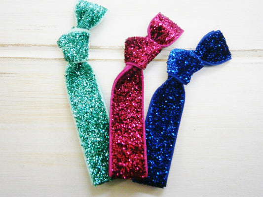 Set of 3 Glitter Hair Tie Package by Crimson Rose Cottage - Turquoise, Dark Pink and Royal Blue Glitter Hair Ties that Double as Bracelets