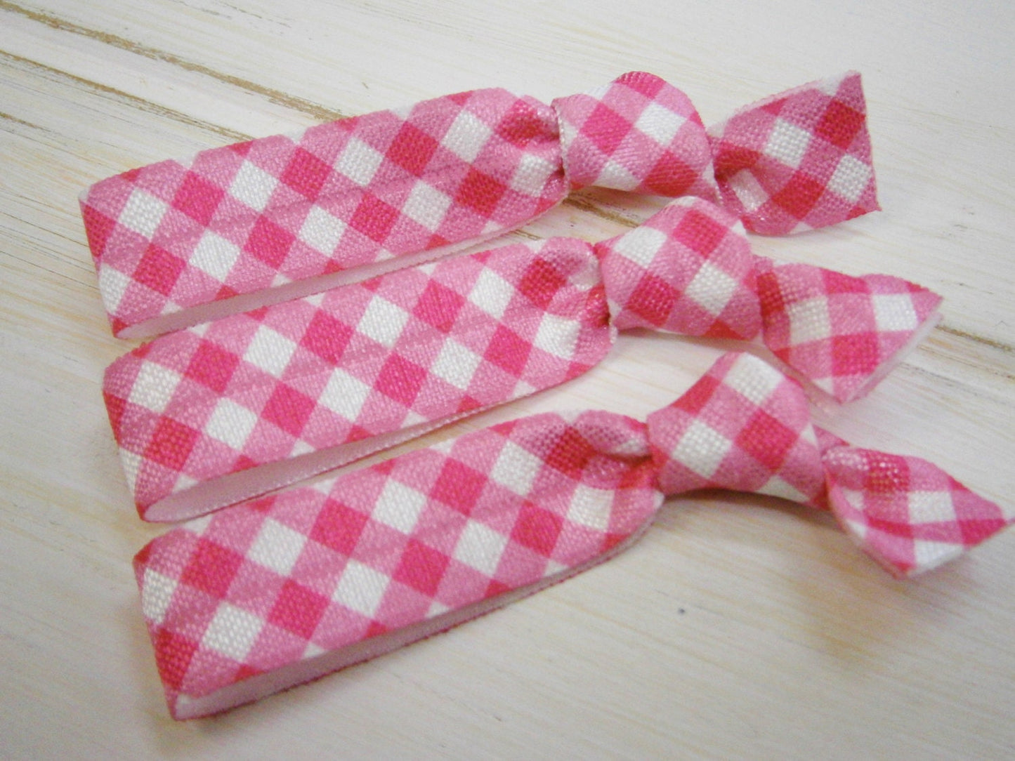 Pink Gingham - Set of 3 White & Pink Gingham Hair Ties by Crimson Rose Cottage/Boho Elastic Hair Tie/Boho Soft Bracelet