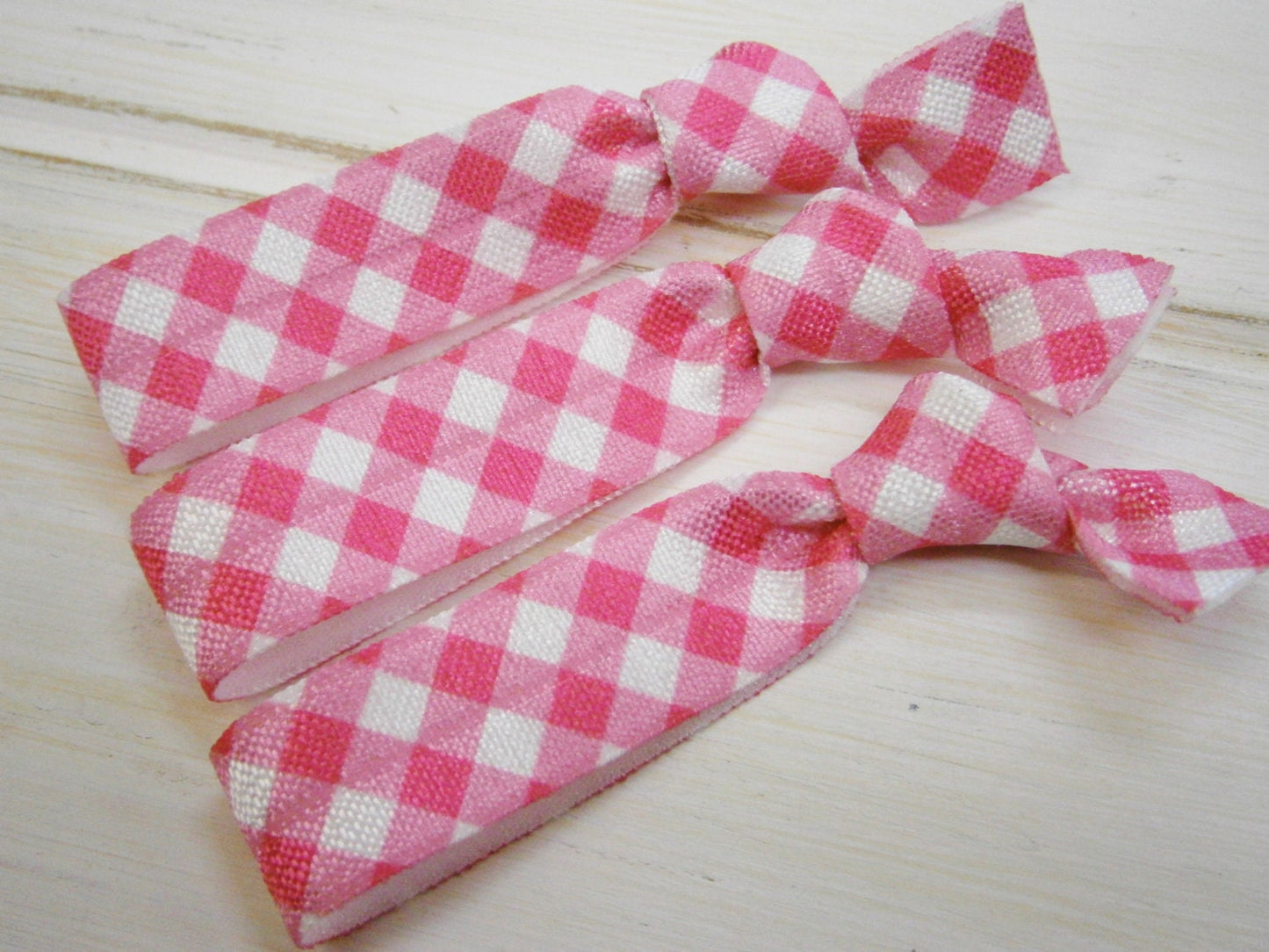 Pink Gingham - Set of 3 White & Pink Gingham Hair Ties by Crimson Rose Cottage/Boho Elastic Hair Tie/Boho Soft Bracelet