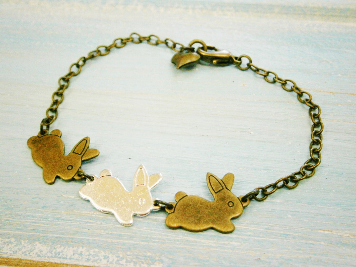 Antique Bronze & Silver Plated Three Rabbit Charm Bracelet/Boho Bracelet/Nature Inspired Bracelet/Woodland Jewelry/Flower Girl Bracelet