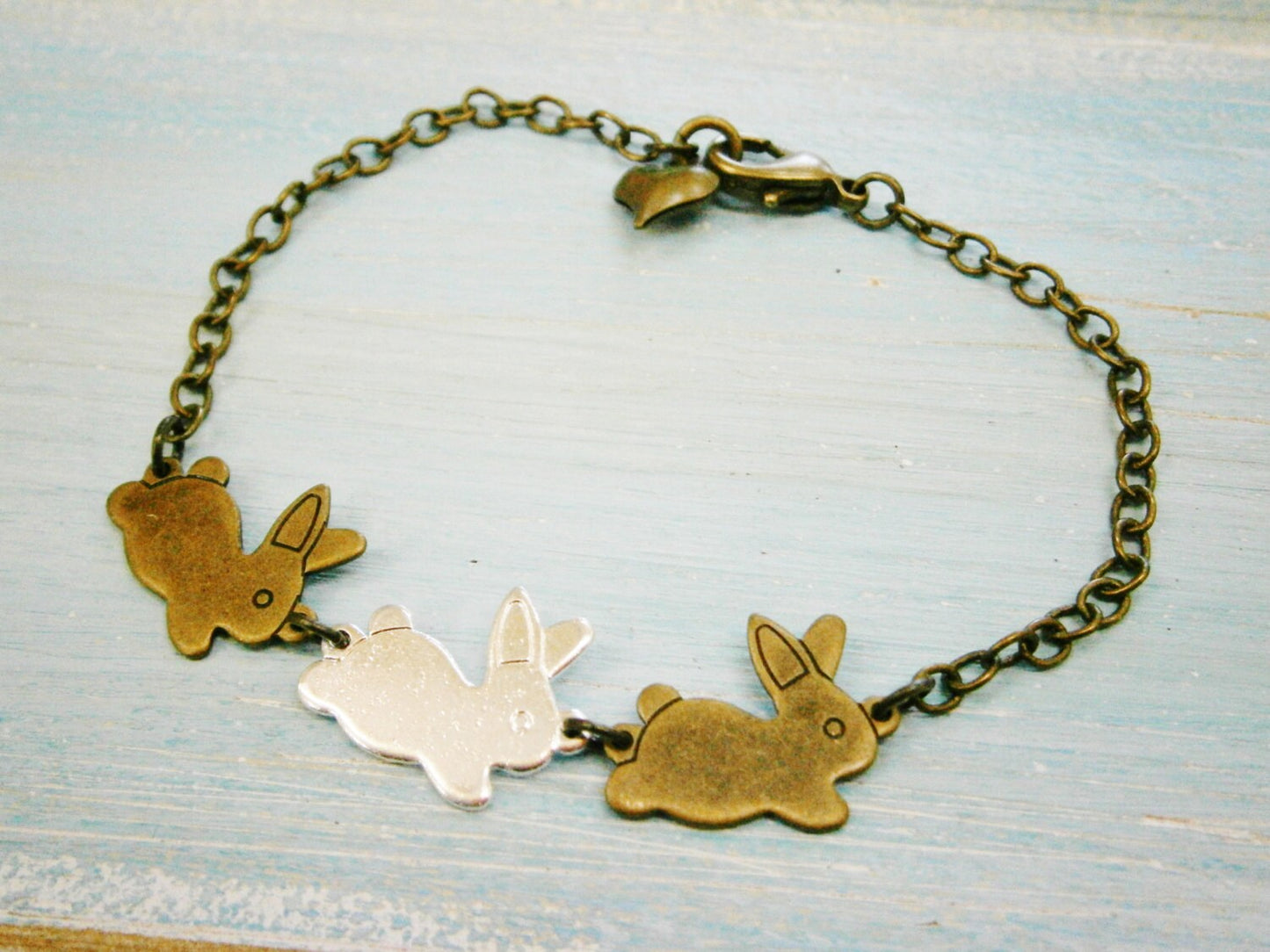 Antique Bronze & Silver Plated Three Rabbit Charm Bracelet/Boho Bracelet/Nature Inspired Bracelet/Woodland Jewelry/Flower Girl Bracelet