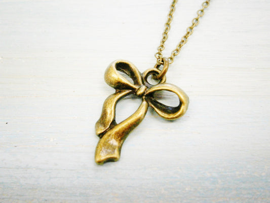 Antique Bronze Ribbon Bow Charm Necklace/Boho Necklace/Bridesmaids Gifts/Charm Necklace