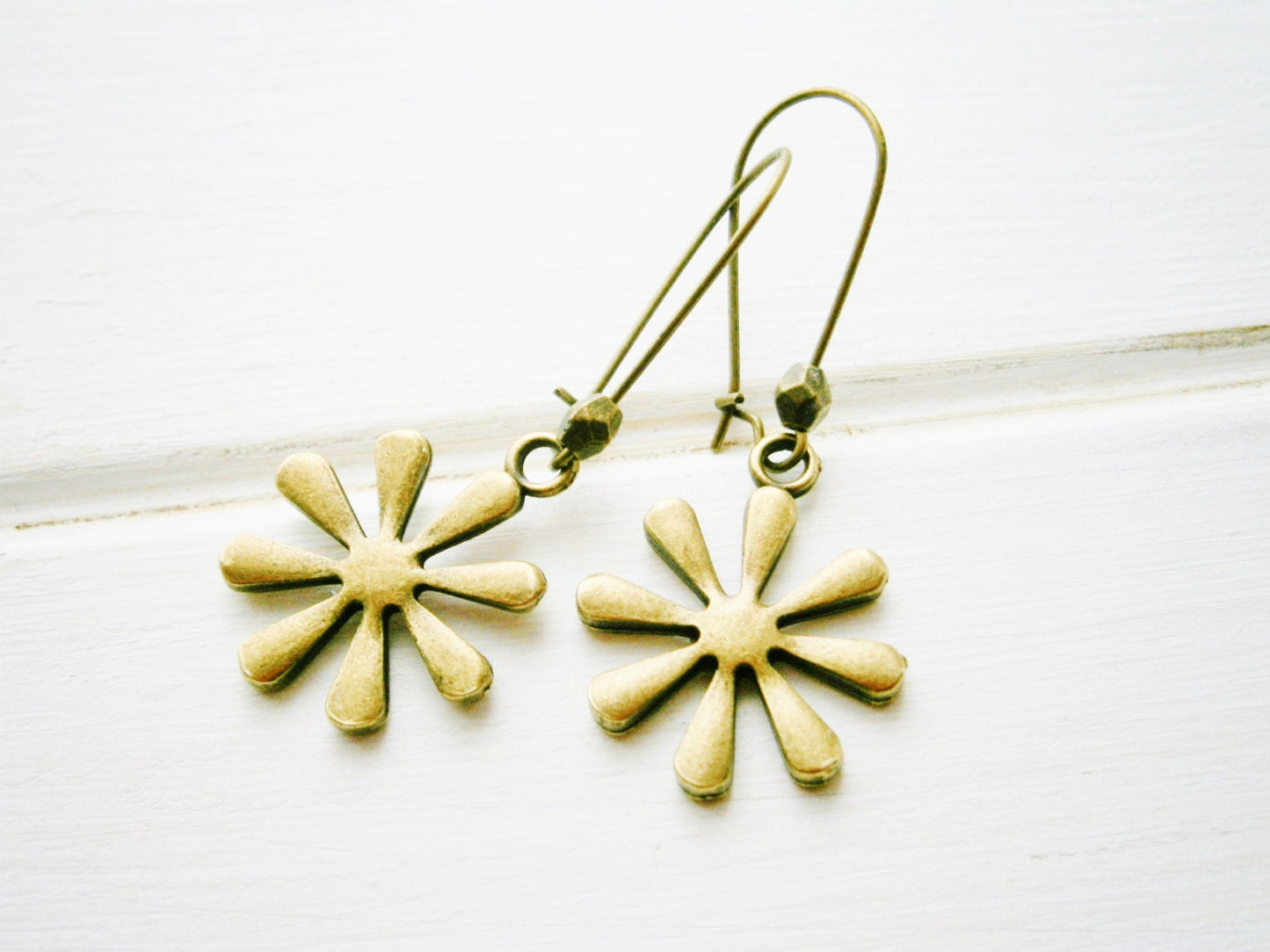 Antique Bronze Daisy On Antique Bronze Kidney Wire Earring Hooks/Dangle Earrings/Boho Jewelry/Woodland Jewelry/Nature Inspired