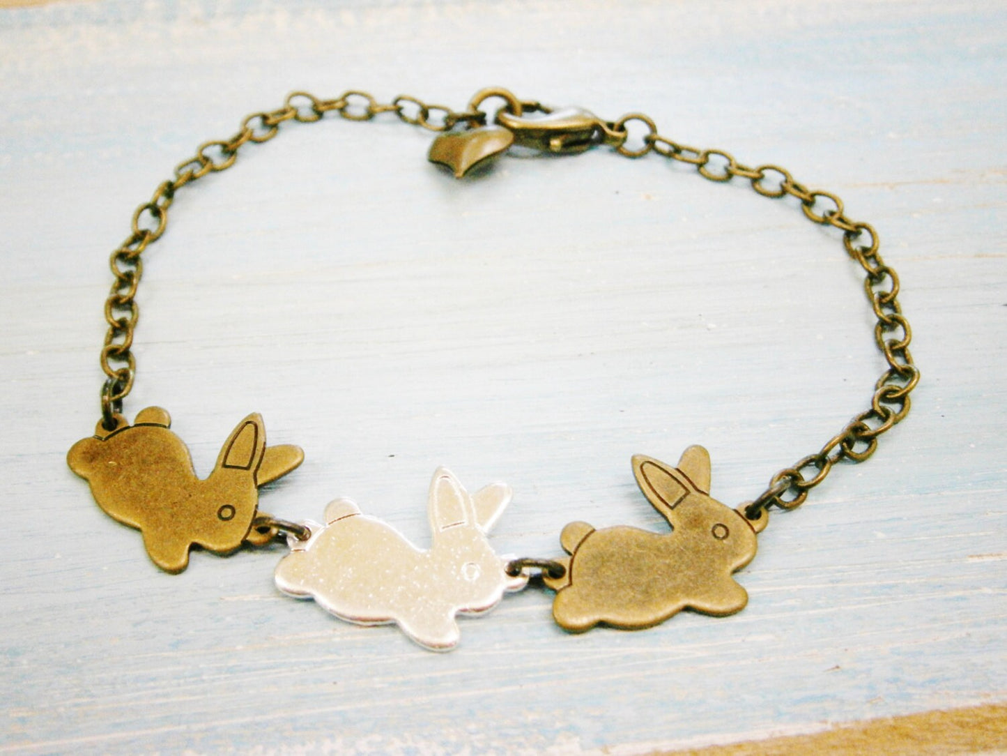 Antique Bronze & Silver Plated Three Rabbit Charm Bracelet/Boho Bracelet/Nature Inspired Bracelet/Woodland Jewelry/Flower Girl Bracelet